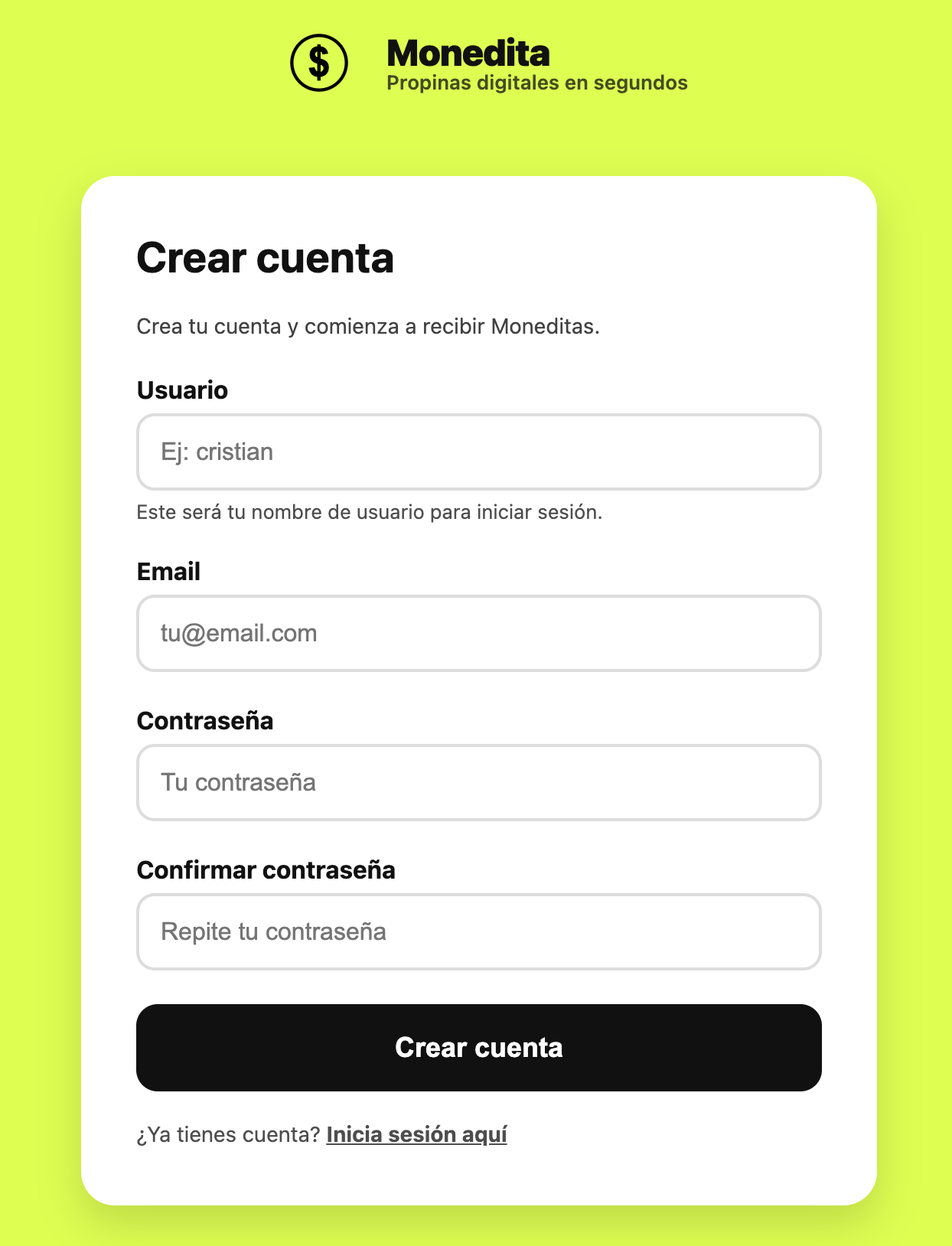 Pantalla de registro en Monedita