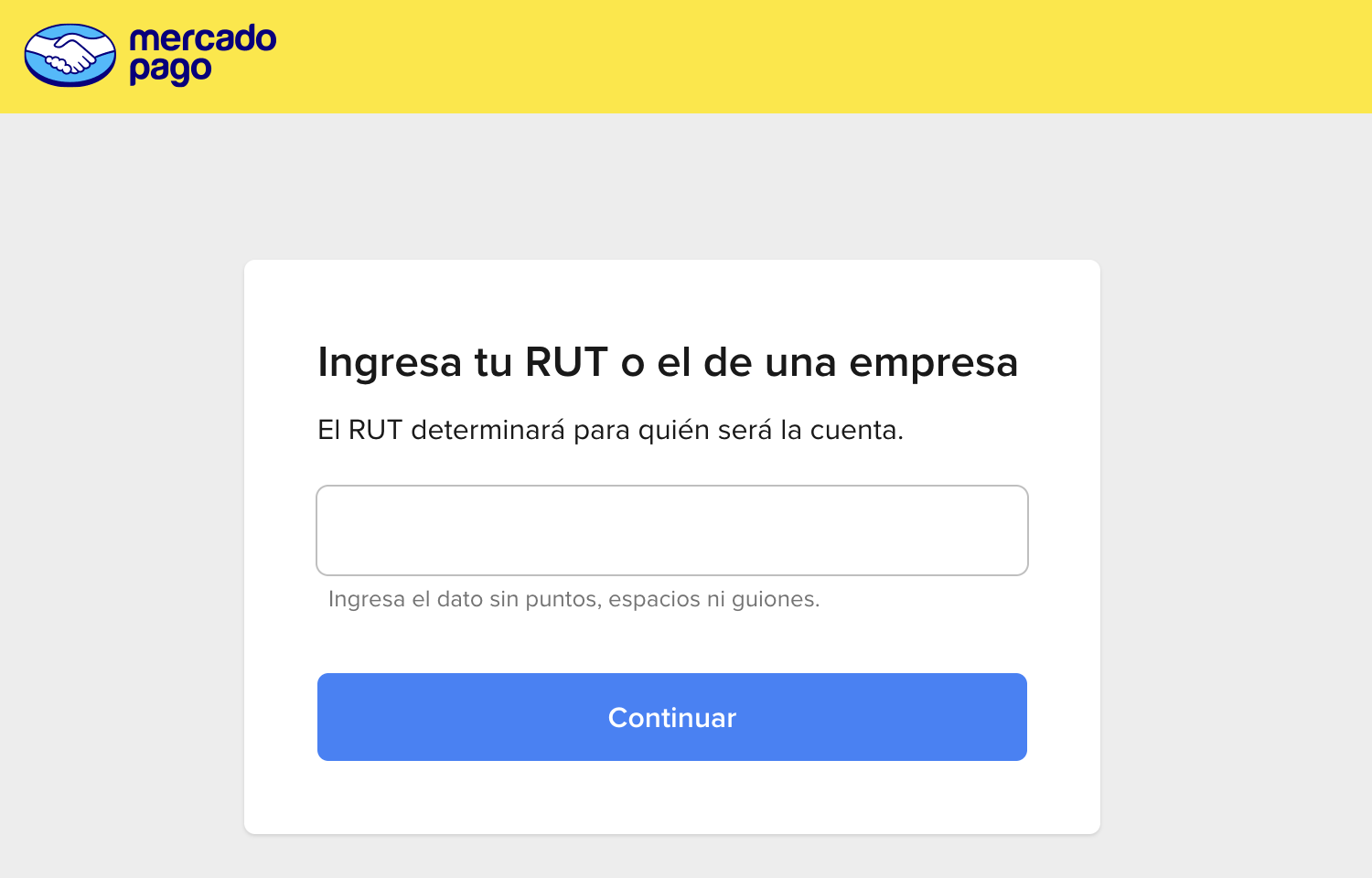 Pantalla de registro en MercadoPago
